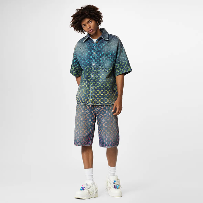 9a+ quality lv louis vuitton rainbow monogram denim short-sleeve shirt & shorts